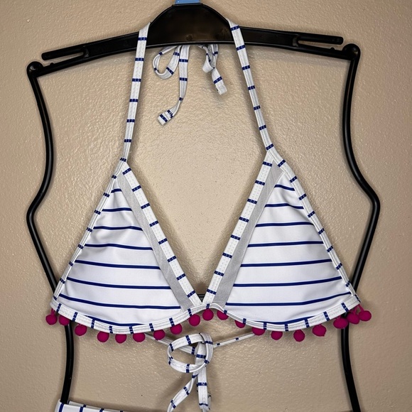 ADORABLE Striped High Waist Bikini with Pom Pom Trim Size Medium - Picture 3 of 7
